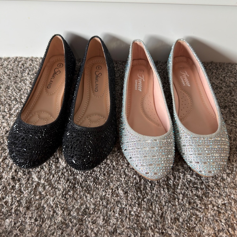 Lot of 2 Rhinestone Ballet Flats Shoeland Black Forever Comfort Silver Size 6